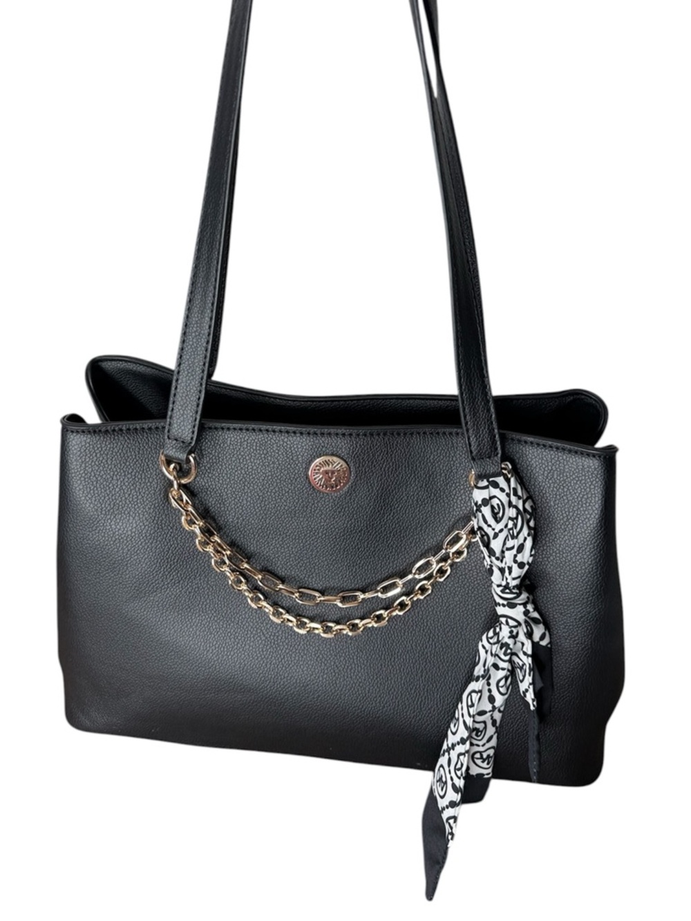 ANNE KLEIN Black Vegan Leather Shoulder Bag Structured Chain Scarf Zipper Snaps